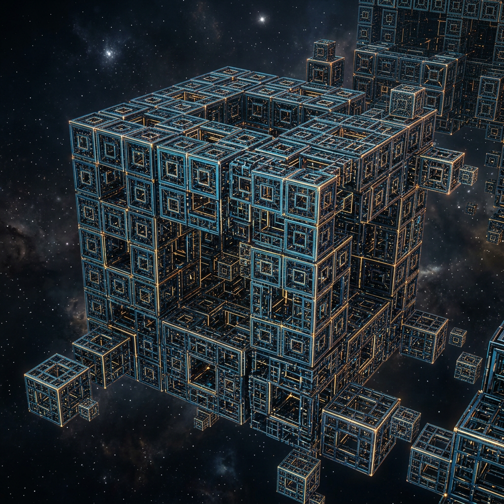 Intricate glowing wireframe cubes forming a structure in outer space